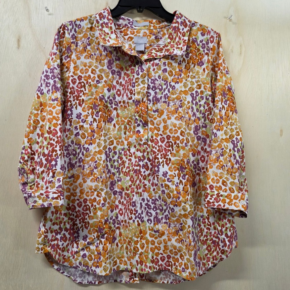 Chico's Animal Print Button‎ Down Shirt Multicolor 3/4 Sleeve Size 0.5 S Small